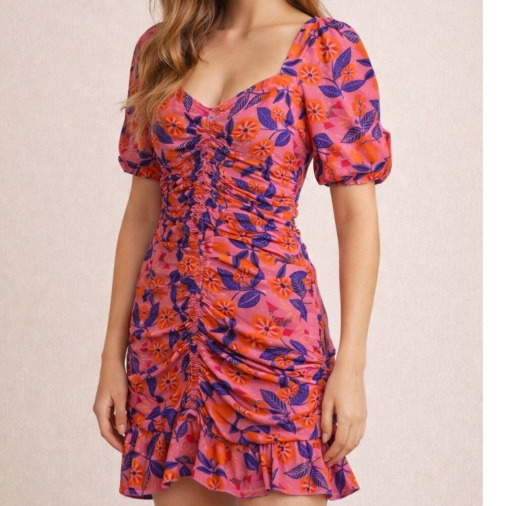 Saylor Joelene Mini Dress Large Pink Floral Short Sleeve Ruched Sweetheart Neck
